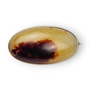 Vintage Plume Agate Cabochon Brooch Gold Plated Oval Yellow Red-Brown 1.5" Long